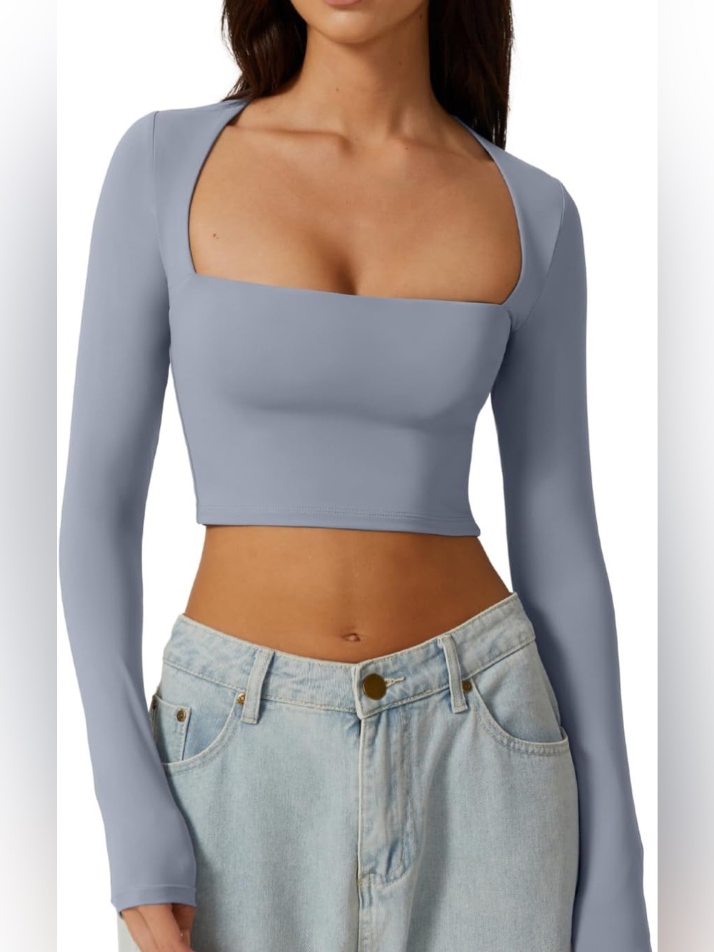 QINSEN Women's Square Neck Crop Top Long Sleeve Slim Fit Cropped T Shirt